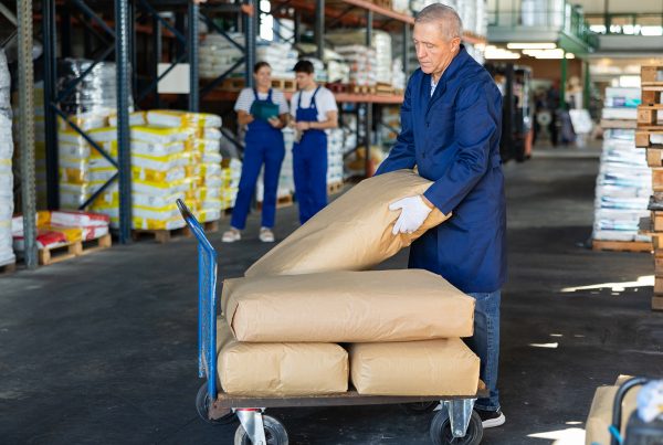 Elderly man puts bulky paper sack of dry construction mix on trolley. Movers shift, move, heavy packages in auxiliary room of repair materials store