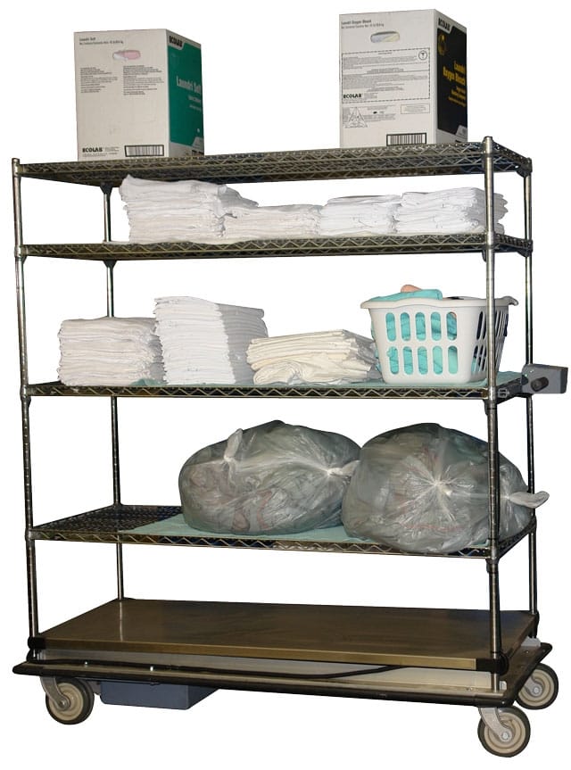 New Motorized Clean Linen Wire Cart eliminates strains and pains from pushing heavy clean linen and supply carts in hospitals, hotels, resorts, and casinos.