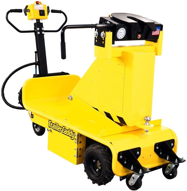 Battery powered Trailer Pusher for moving standard ball coupler, gooseneck, and kingpin trailers and trailer equipment.