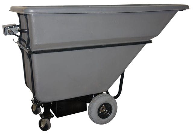 New Motorized Dump Hopper eliminates strains and pains from transporting heavy trash and debris in factories, schools and warehouses